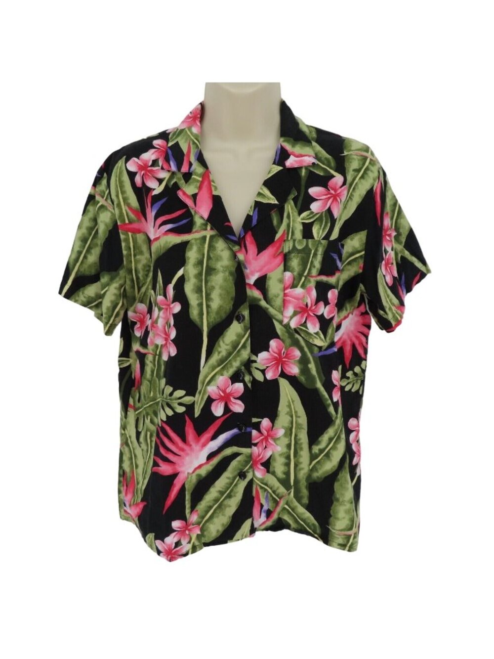 Hilo Hattie Women Small One Pocket Hawaiian Leaf Flower Collar Button Shirt Top